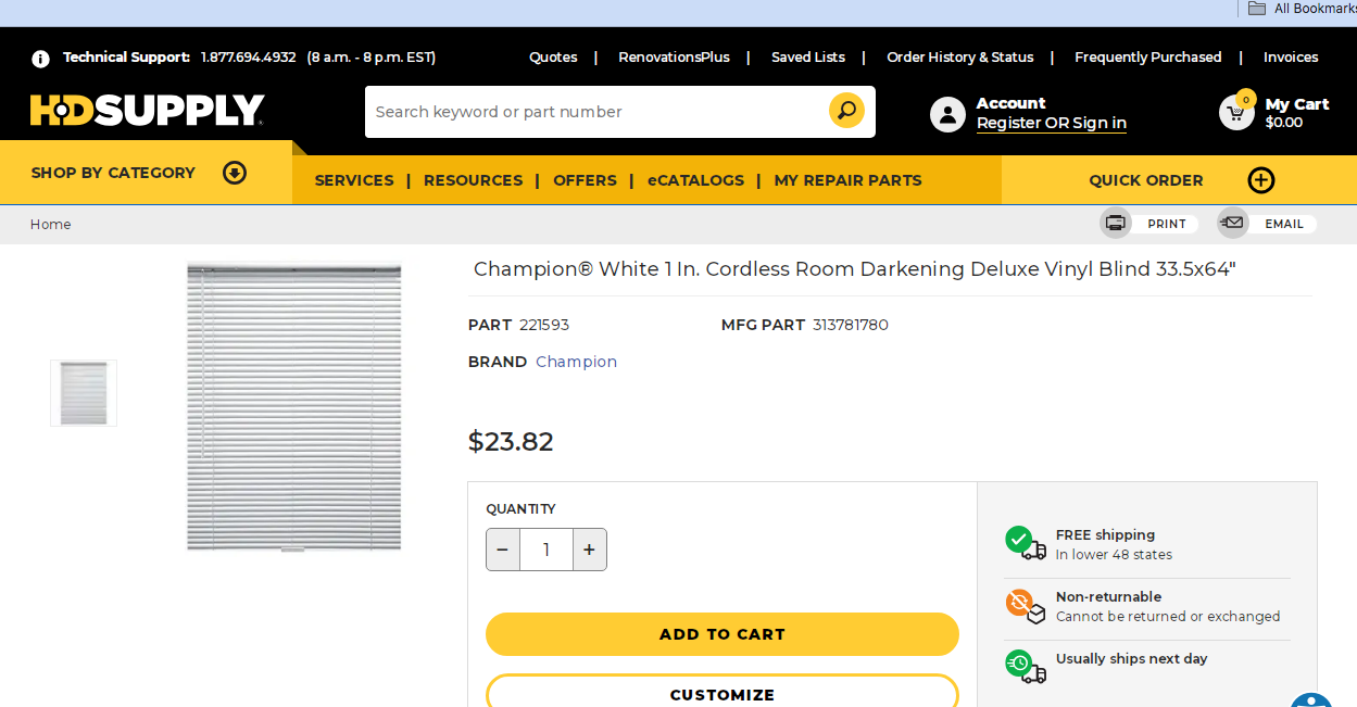 Designer’ Touch White Vinyl Blind 1″Slats 33.5″ X 64″ Room Darkening